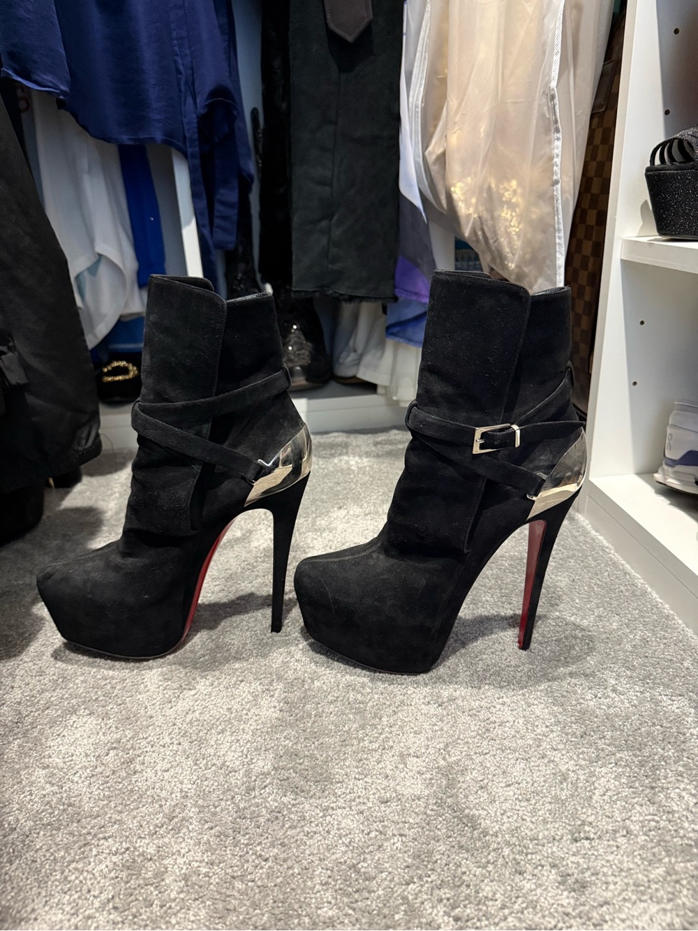 Christian Louboutin Black Suede Platform Ankle Booties with Red Sole